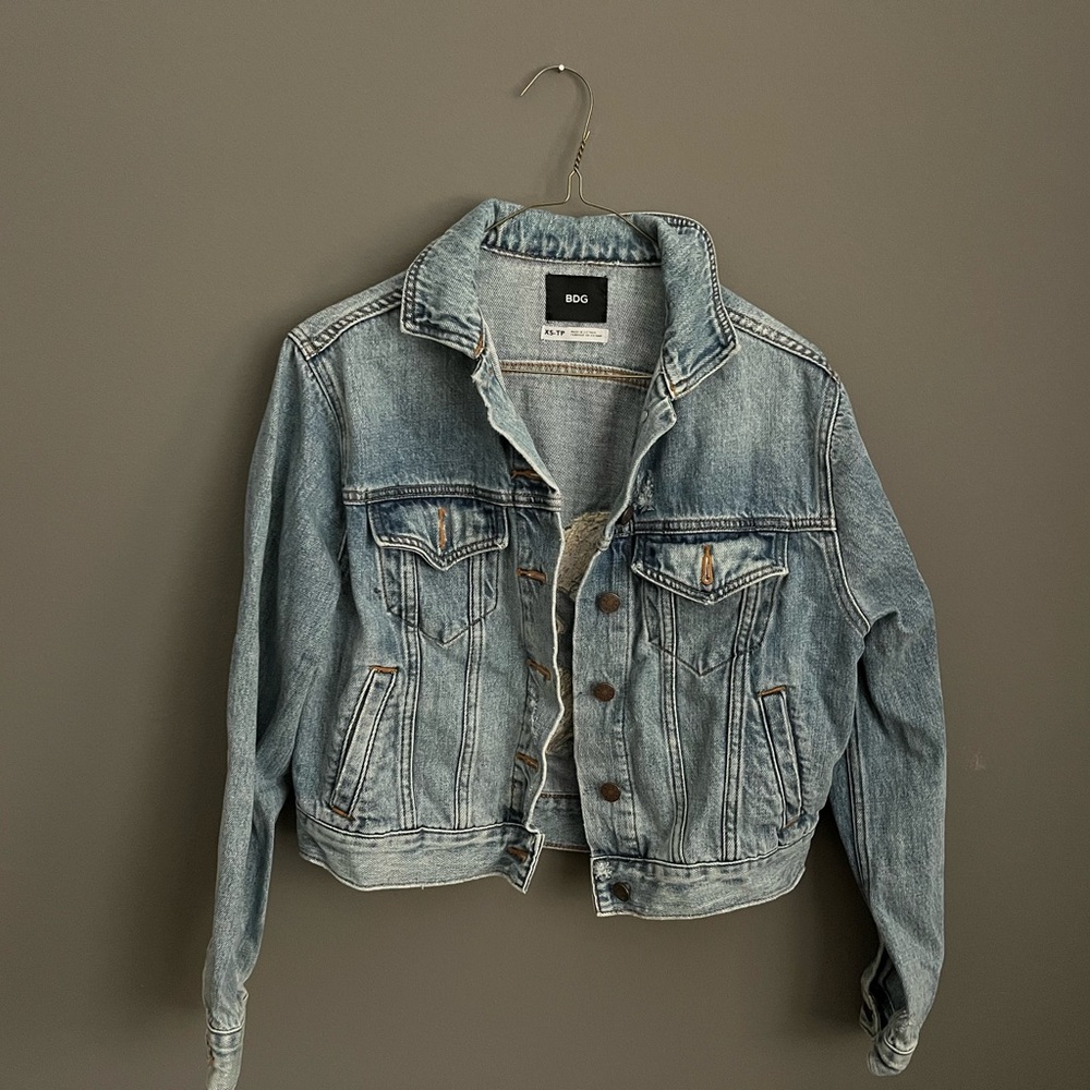 BDG Faded Blue Denim Jacket with Embroidered  Flamingo Design